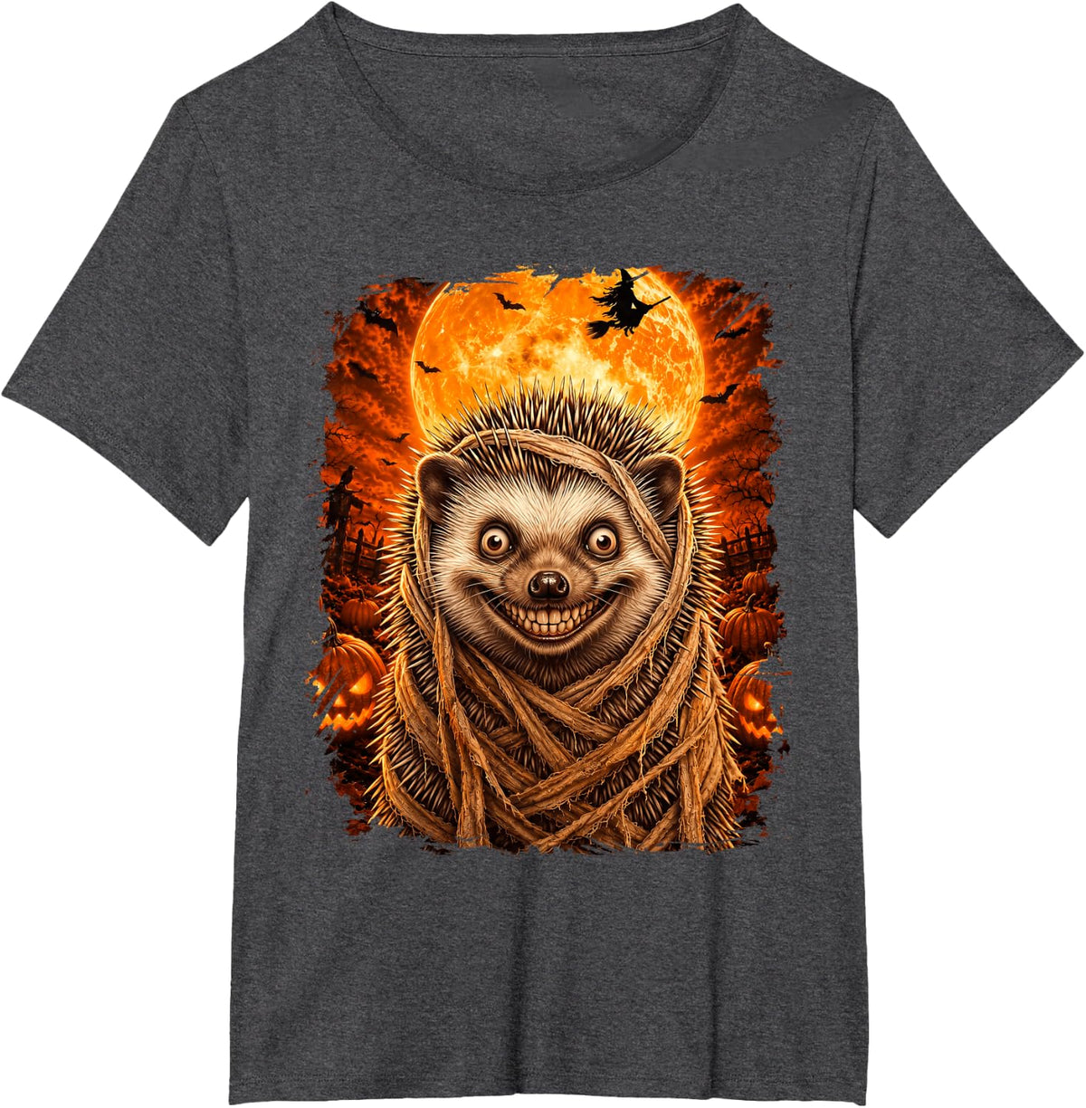 Creepy Hedgehog Halloween Night T-Shirt - Dark Heather Grey