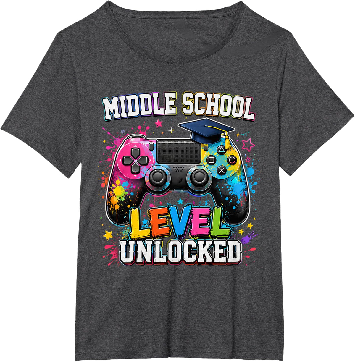 Middle School Level Unlocked Gamer First Day Back to School T-Shirt - Dark Heather Grey