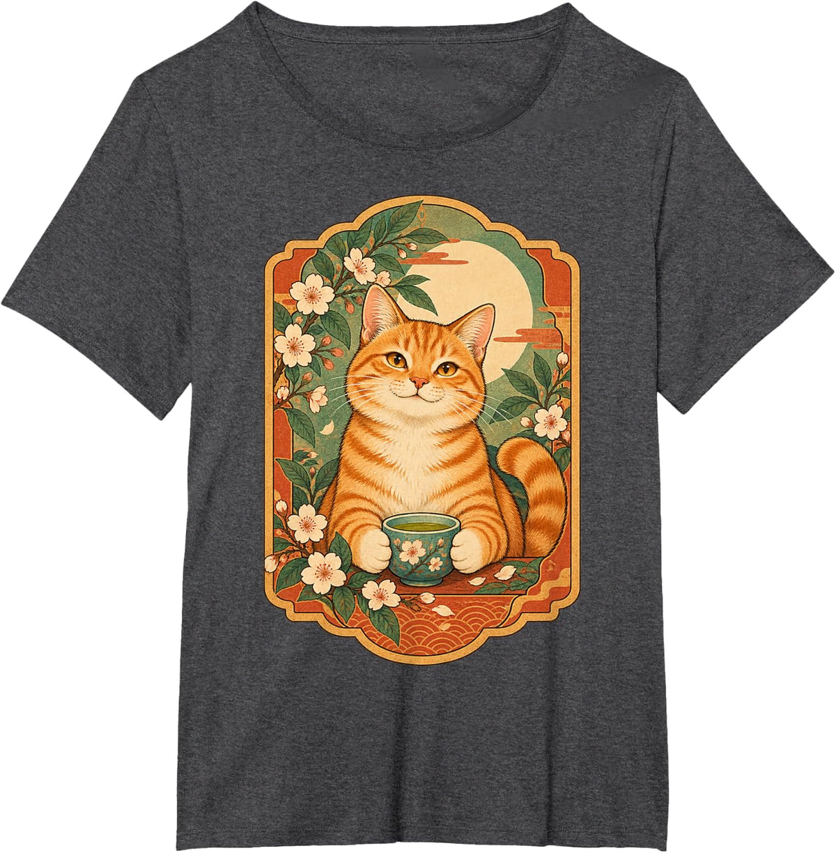 Orange Tabby Cat Botanical Tea Retro Illustration T-Shirt - Dark Heather Grey