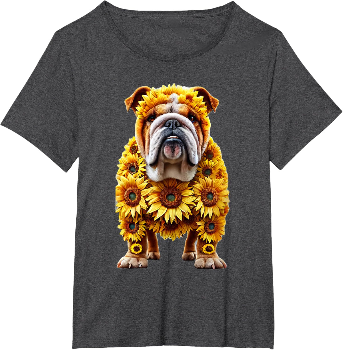 Sunflower English Bulldog Dog Flower Gardening Floral T-Shirt - Dark Heather Grey