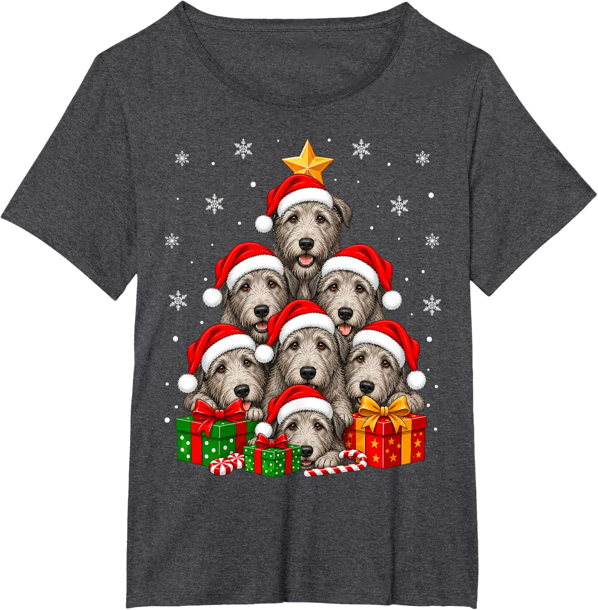 Irish Wolfhound Dog Christmas Tree Cute Festive Dogs Xmas T-Shirt - Dark Heather Grey