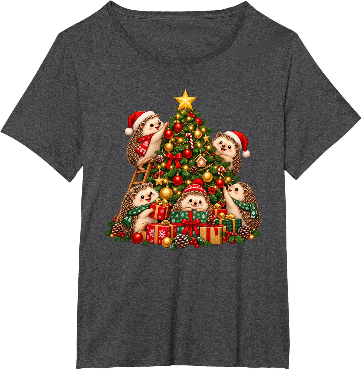 Hedgehog Christmas Tree Funny Hedgehogs Xmas T-Shirt - Dark Heather Grey