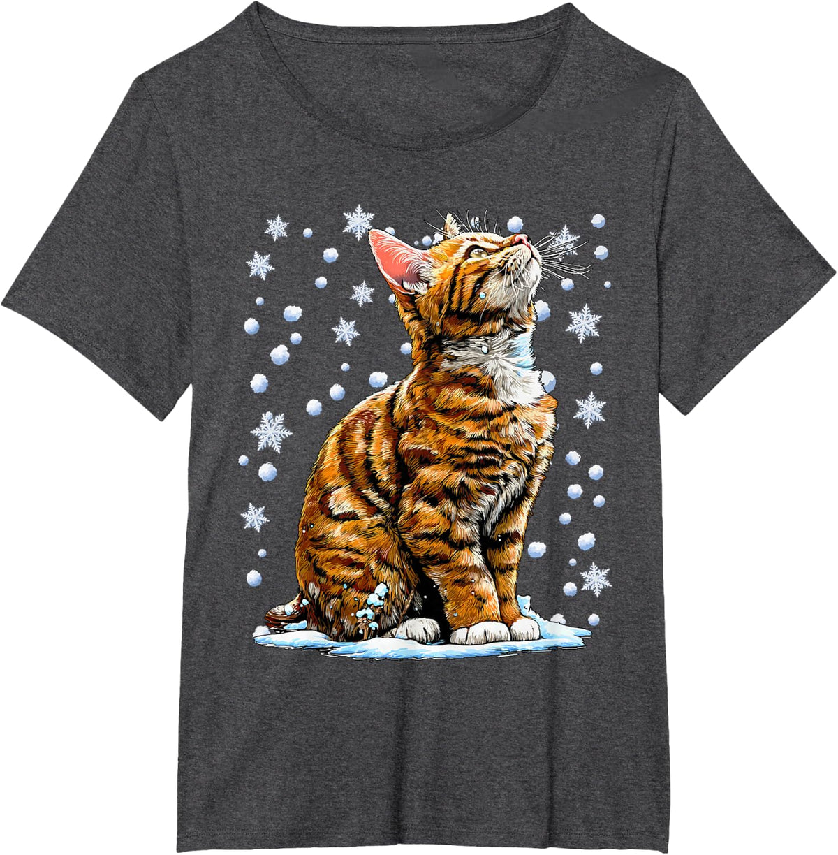 Snowy Tabby Cat with Snow and Snowflakes Cute Winter Kitten T-Shirt - Dark Heather Grey
