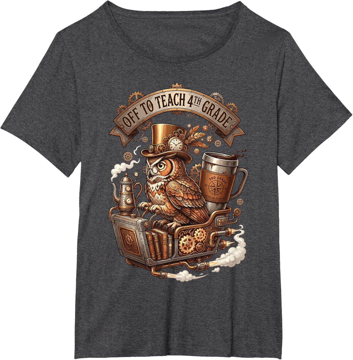 Off to Teach 4th Grade Teacher Steampunk Owl Mechanic Train T-Shirt - Dark Heather Grey