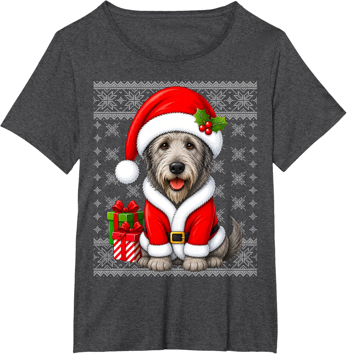 Irish Wolfhound Dog in Christmas Santa Costume Ugly Xmas T-Shirt - Dark Heather Grey