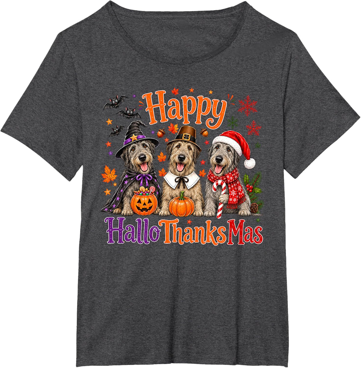 Irish Wolfhound Happy Hallothanksmas Halloween Thanksgiving T-Shirt - Dark Heather Grey