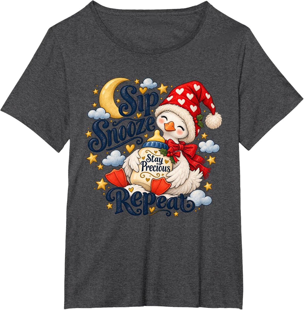 Retro Christmas Duck Cute Duckling Santa Hat Mom Dad Holiday T-Shirt - Dark Heather Grey