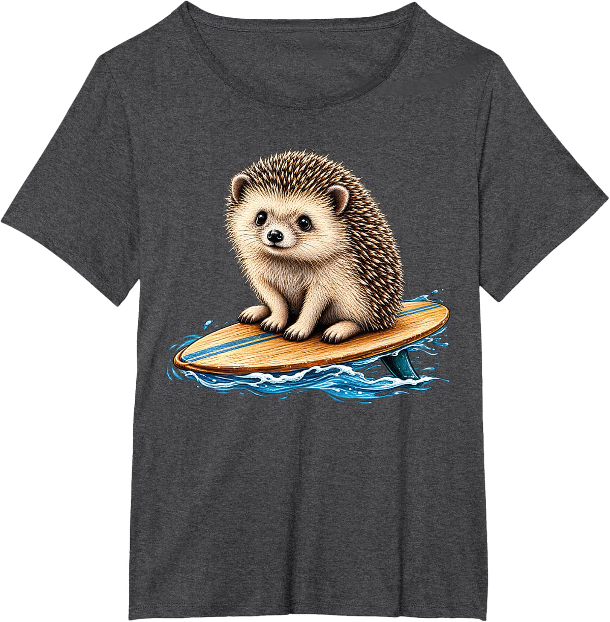 Funny Hedgehog Surfing Ocean Cute Animal Art Graphic T-Shirt - Dark Heather Grey