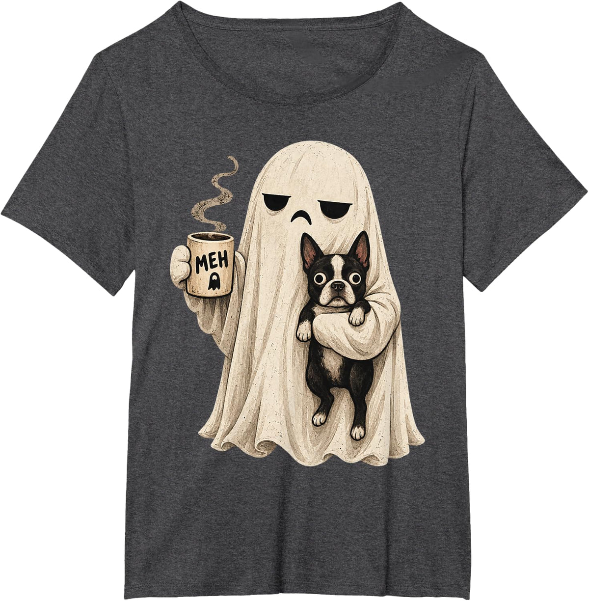 Grumpy Ghost Boston Terrier Holding Coffee Spooky Design T-Shirt - Dark Heather Grey