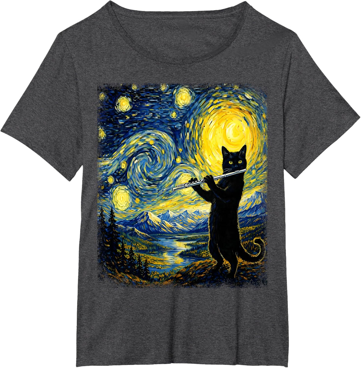 Funny Cat Playing Flute Music Musician Flutist Musical Lover T-Shirt - Dark Heather Grey