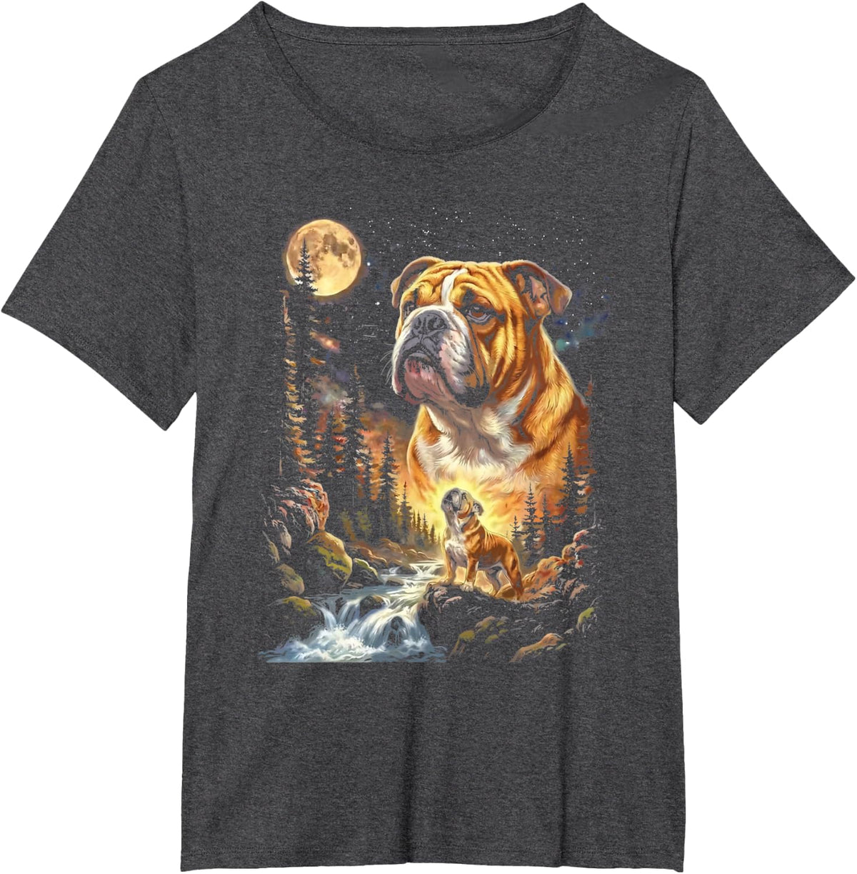 Funny Retro 90s Bulldog Howling to the Moon Graphic T-Shirt - Dark Heather Grey