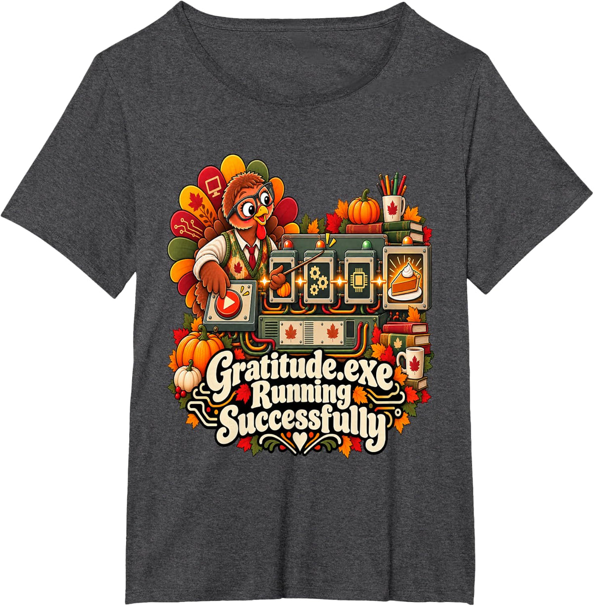 Funny Computer Science Teacher Thanksgiving Coding Turkey T-Shirt - Dark Heather Grey