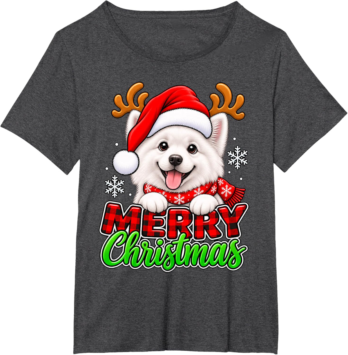 Funny Samoyed Merry Christmas Santa Reindeer Dog T-Shirt - Dark Heather Grey