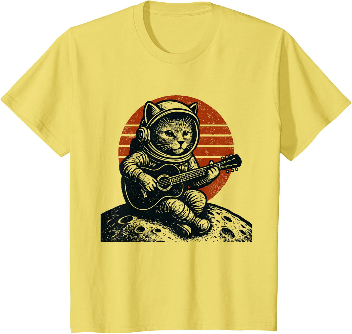 Cat Astronaut Playing Guitar Retro Space Music Lovers T-Shirt - Lemon Yellow