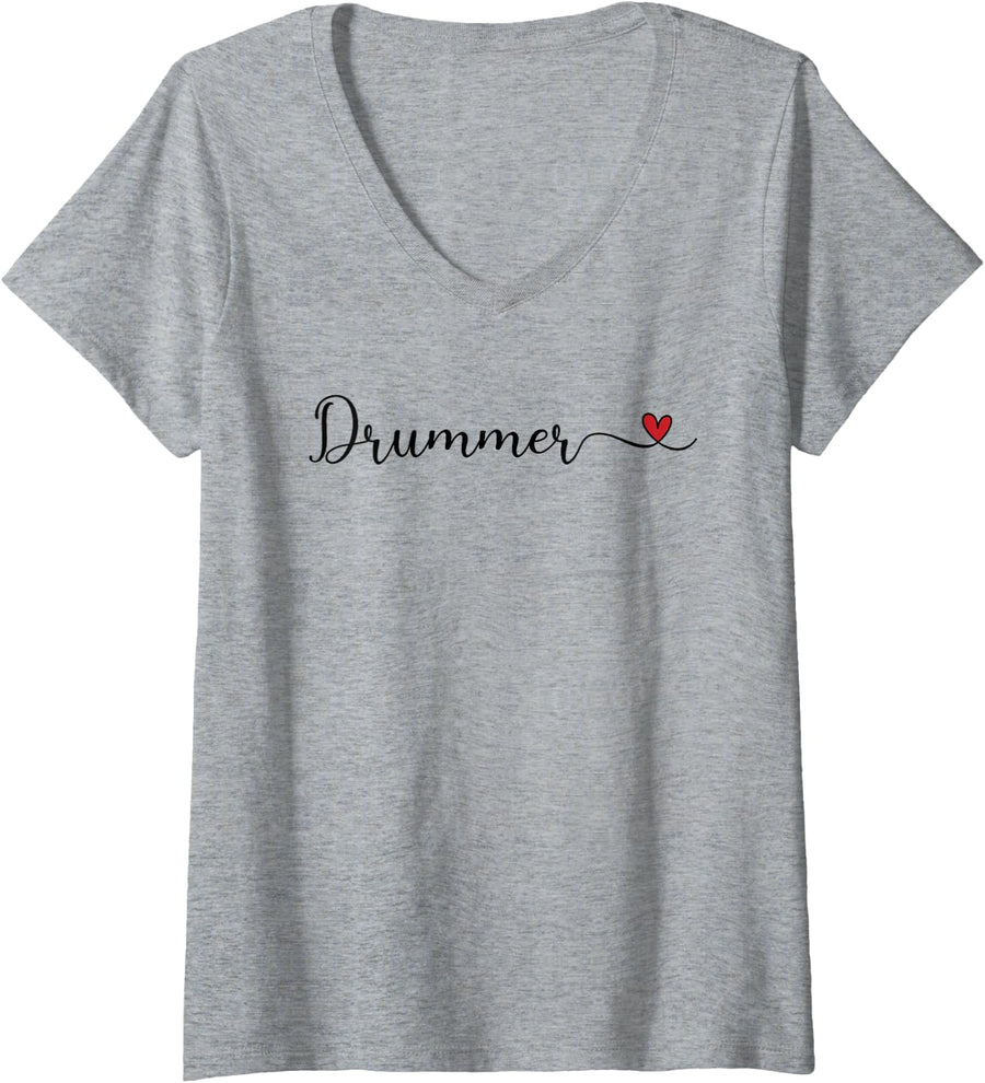 Women's Drummer Heart Typography V-Neck T-Shirt - Heather Grey