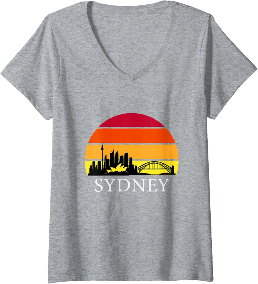 Women's Sydney Skyline - Opera House Harbour Bridge and Tower V-Neck T-Shirt - Heather Grey