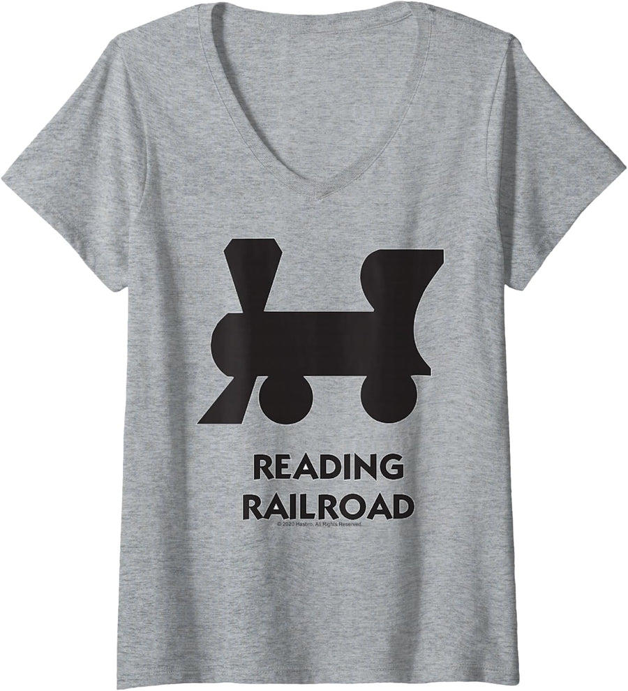 Womens Monopoly Reading Railroad V-Neck T-Shirt - Heather Grey