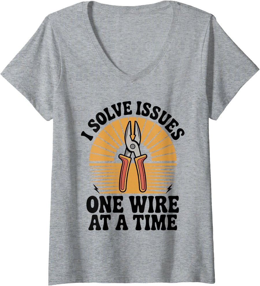 Women's I Solve Issues One Wire At A Time Funny Electrician V-Neck T-Shirt - Heather Grey
