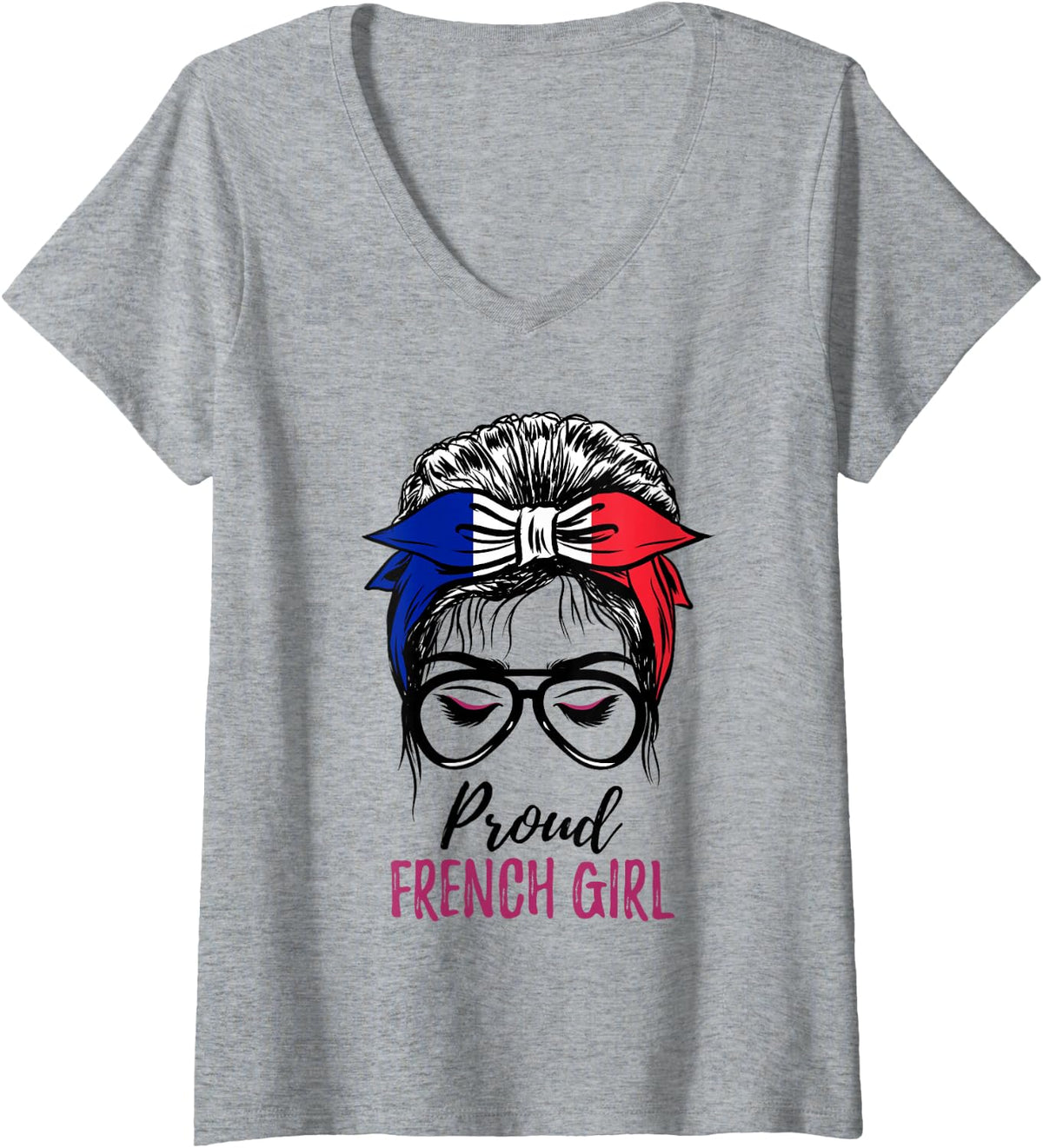 Women's Messy Bun France Flag Proud French Girl V-Neck T-Shirt - Heather Grey