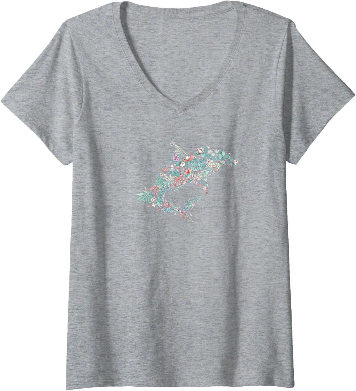Women's Floral Hammerhead Shark Botanical Aesthetic V-Neck T-Shirt - Heather Grey