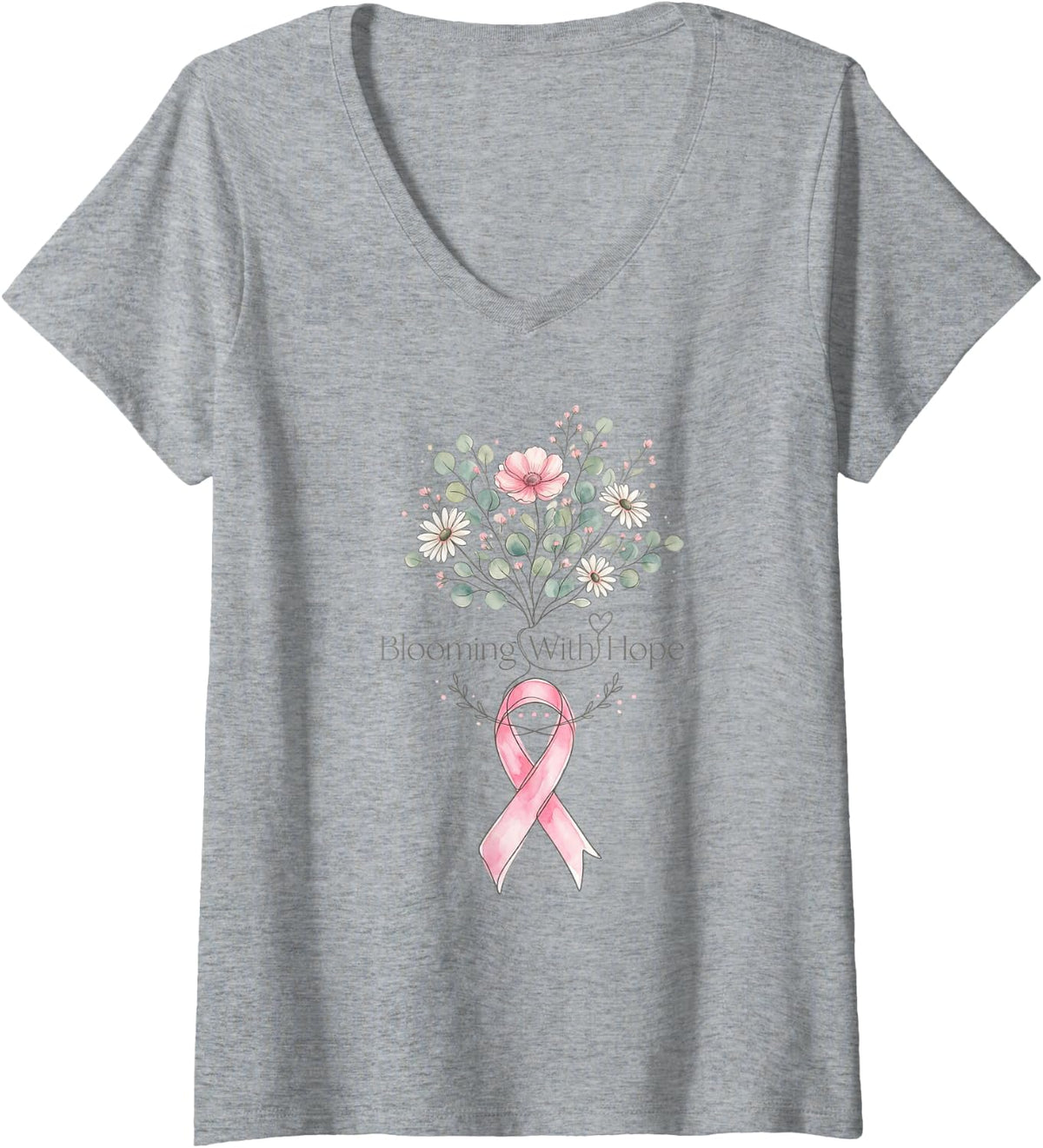 Women's Breast Cancer Pink Awareness Ribbon Flowers Blooming Hope V-Neck T-Shirt - Heather Grey