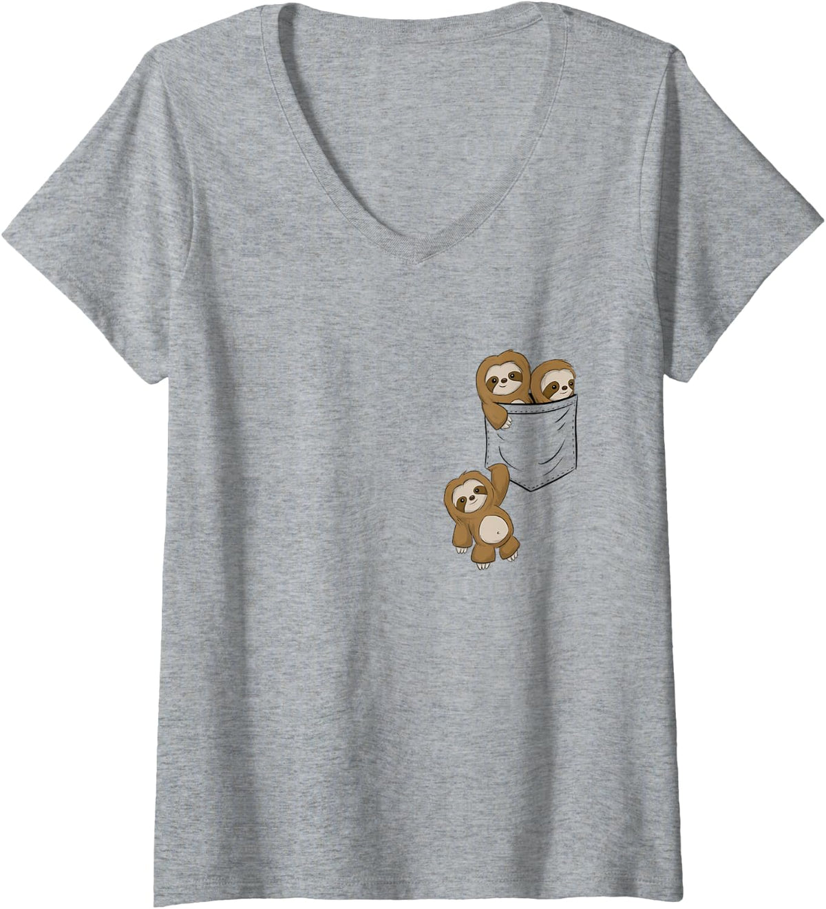 Womens For Sloth Lovers Cute Kawaii Baby Sloths In Pocket V-Neck T-Shirt - Heather Grey