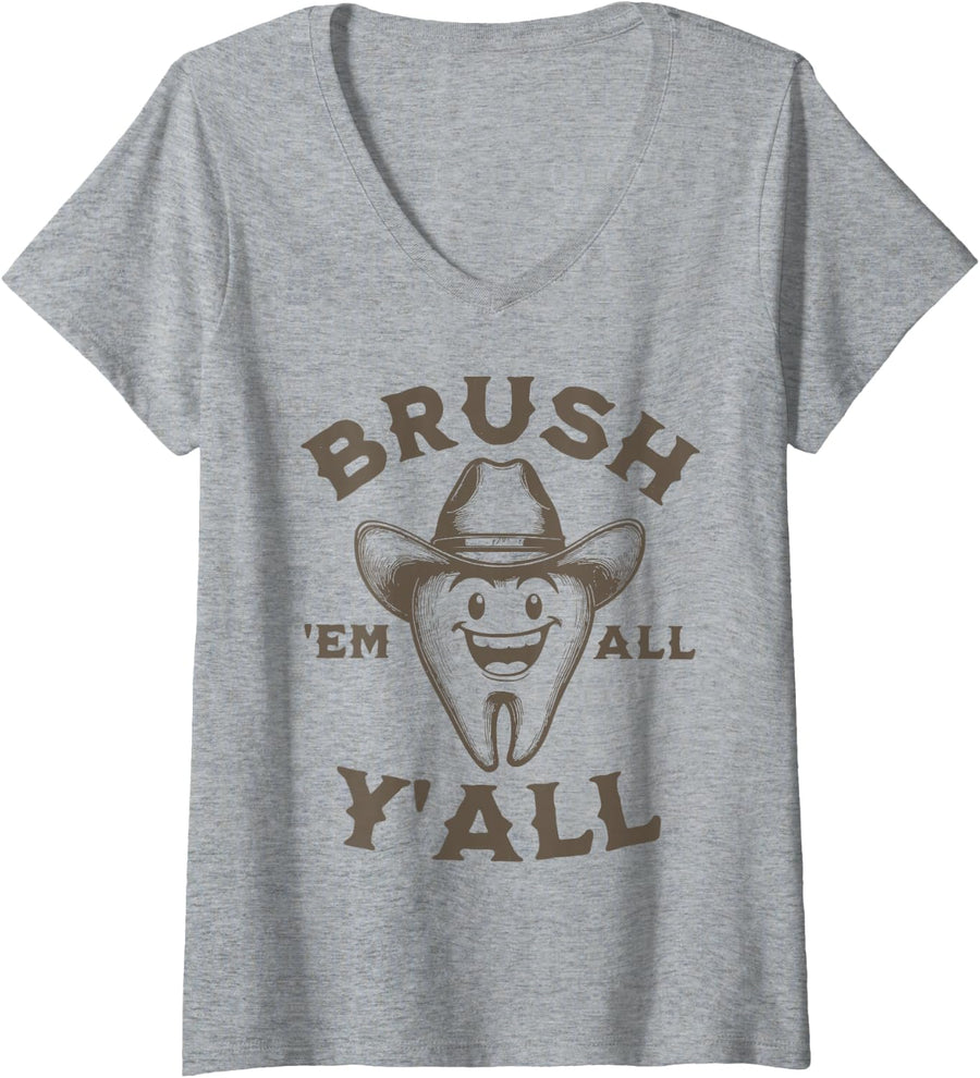 Womens Cowboy Tooth Western Howdy Dentist Hygienist Dental Squad V-Neck T-Shirt - Heather Grey