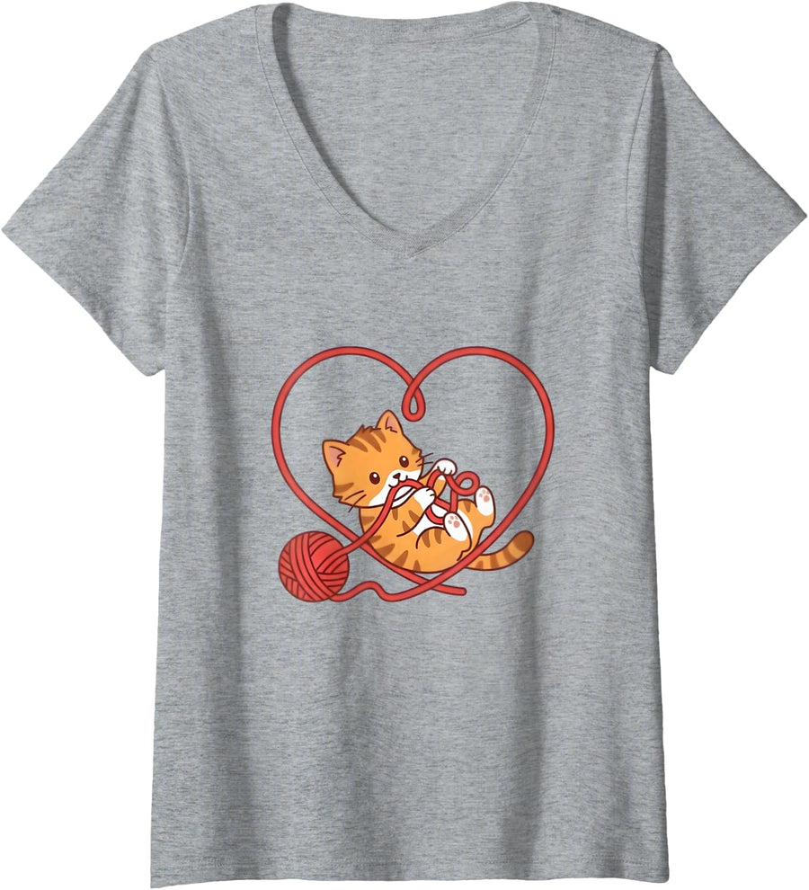 Women's Orange Tabby Kitten Yarn Ball Heart Knitting Cat Lover V-Neck T-Shirt - Heather Grey