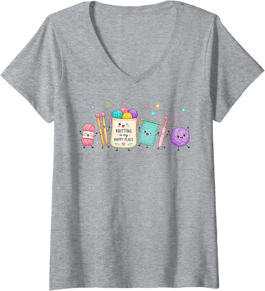 Women's Knitting Yarn Lover Knitter Knitting is My Happy A Place V-Neck T-Shirt - Heather Grey