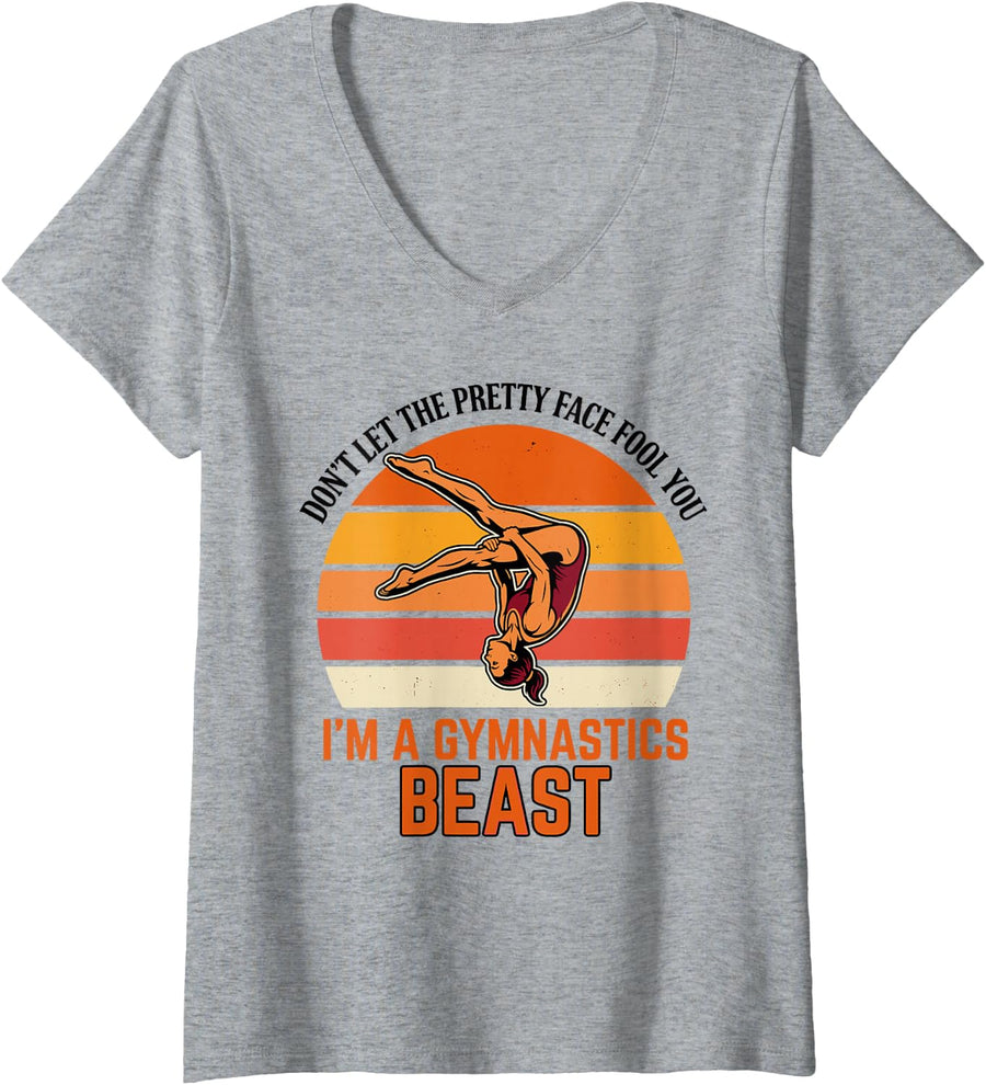 Women's Don't Let The Pretty Face Fool You Funny Gymnastics V-Neck T-Shirt - Heather Grey