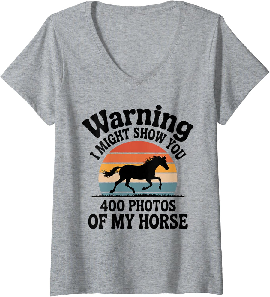Women's Warning I Might Show You Funny Horseback Riding Equestrian V-Neck T-Shirt - Heather Grey