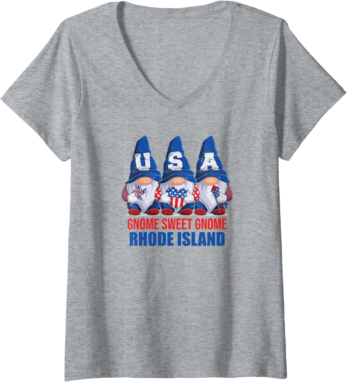 Women's Rhode Island Gnome Sweet Gnome American Flag Gnomes V-Neck T-Shirt - Heather Grey