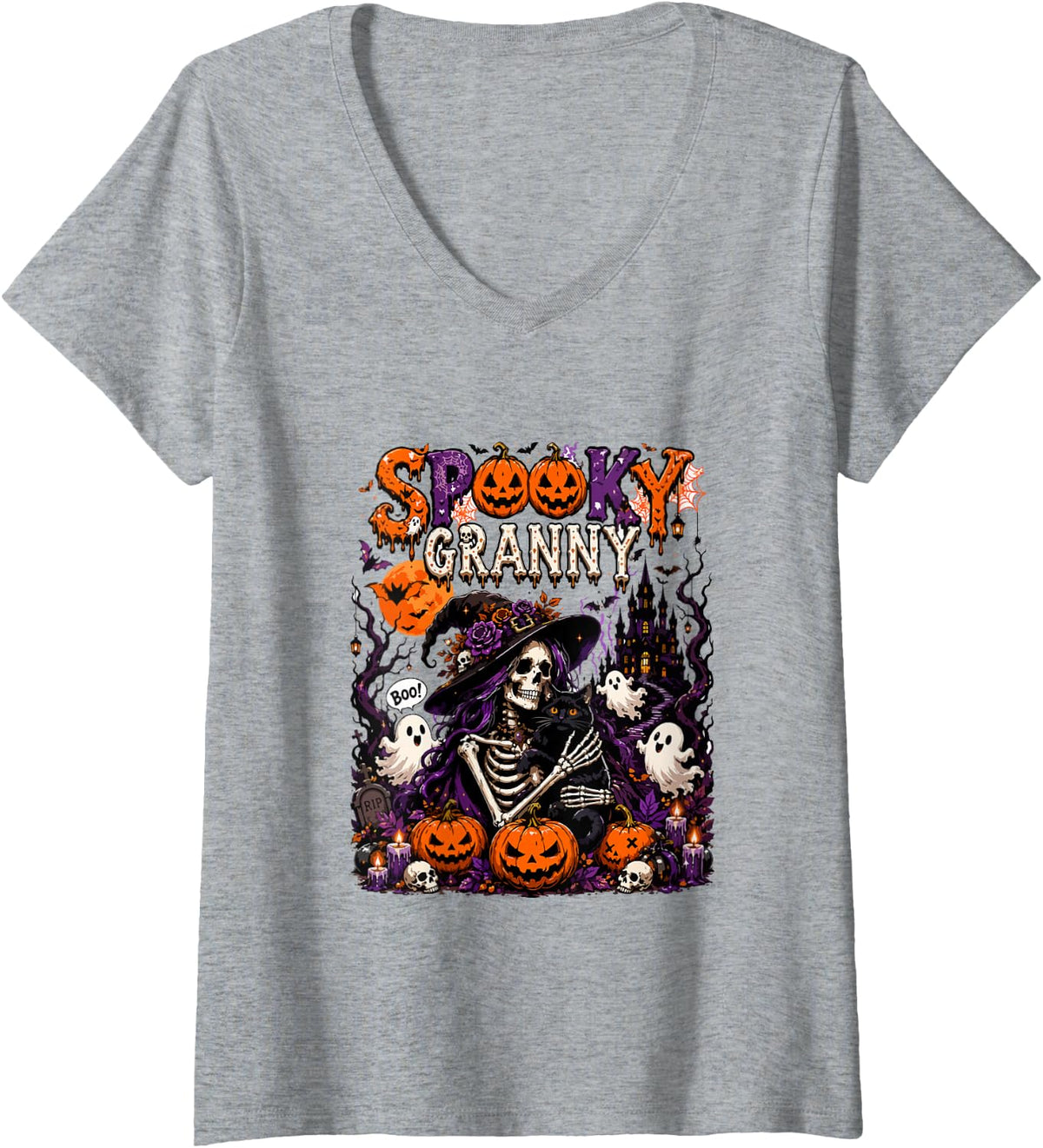 Women's Spooky Halloween Granny Horror Skeleton As Witch Boo Ghost V-Neck T-Shirt - Heather Grey