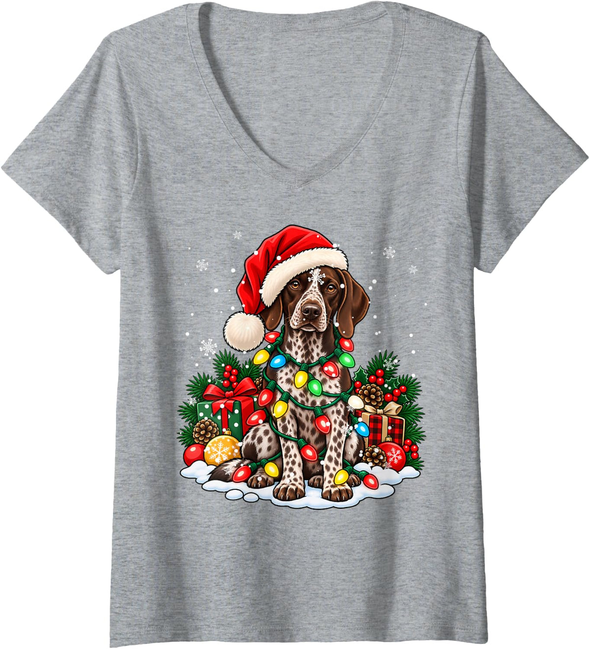 Women's German Shorthaired Pointer Dog Santa Hat Christmas Xmas V-Neck T-Shirt - Heather Grey