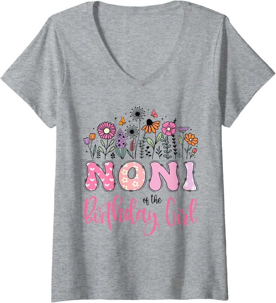 Women's Noni of The Birthday Girl Wildflower Daisy Lover V-Neck T-Shirt - Heather Grey