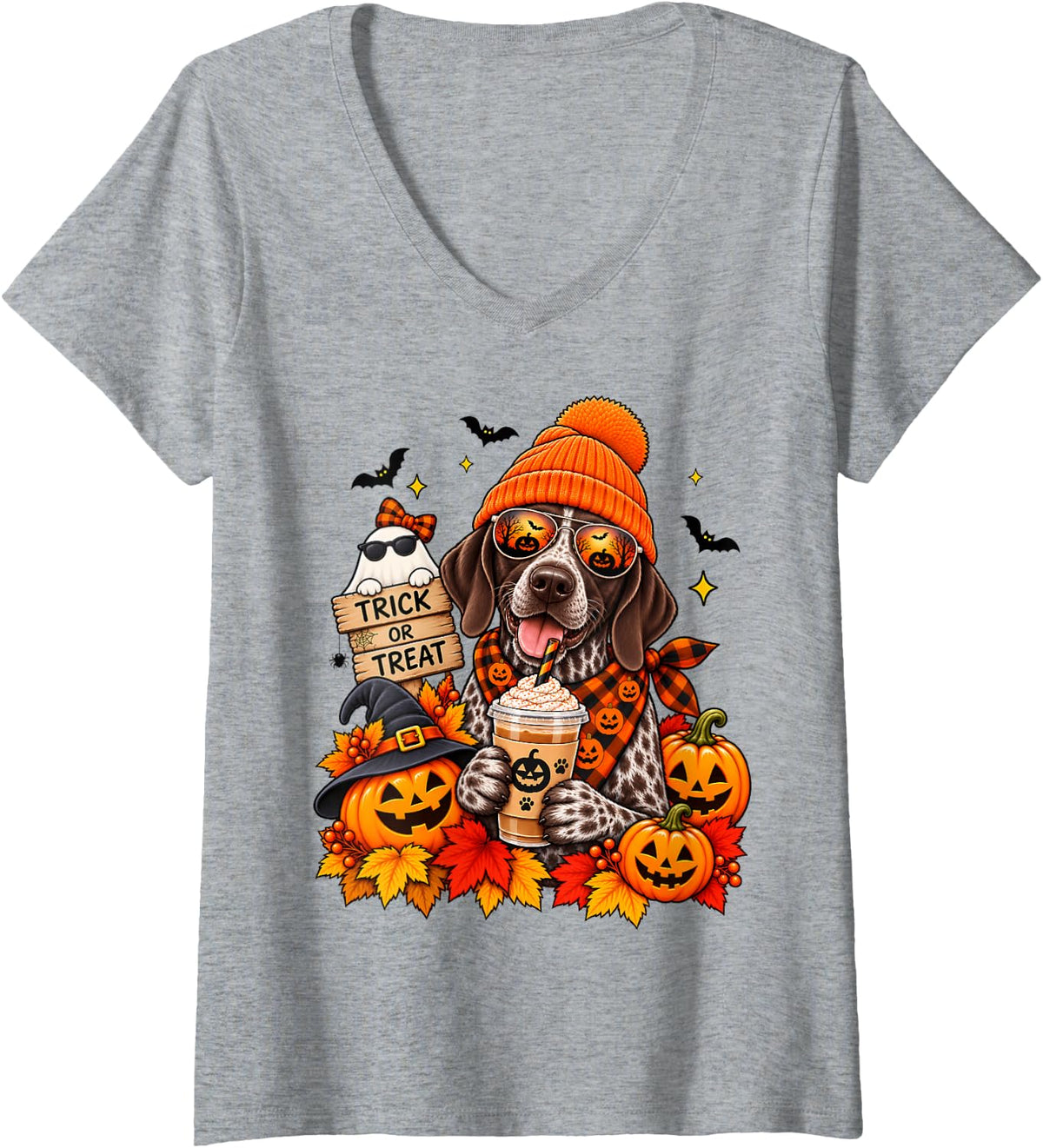 Women's German Shorthaired Pointer Pumpkin Spice Coffee Halloween V-Neck T-Shirt - Heather Grey