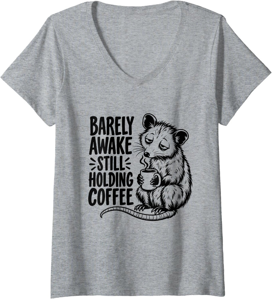 Women's Opossum Coffee Lover Barely Awake Morning Caffeine Humor V-Neck T-Shirt - Heather Grey