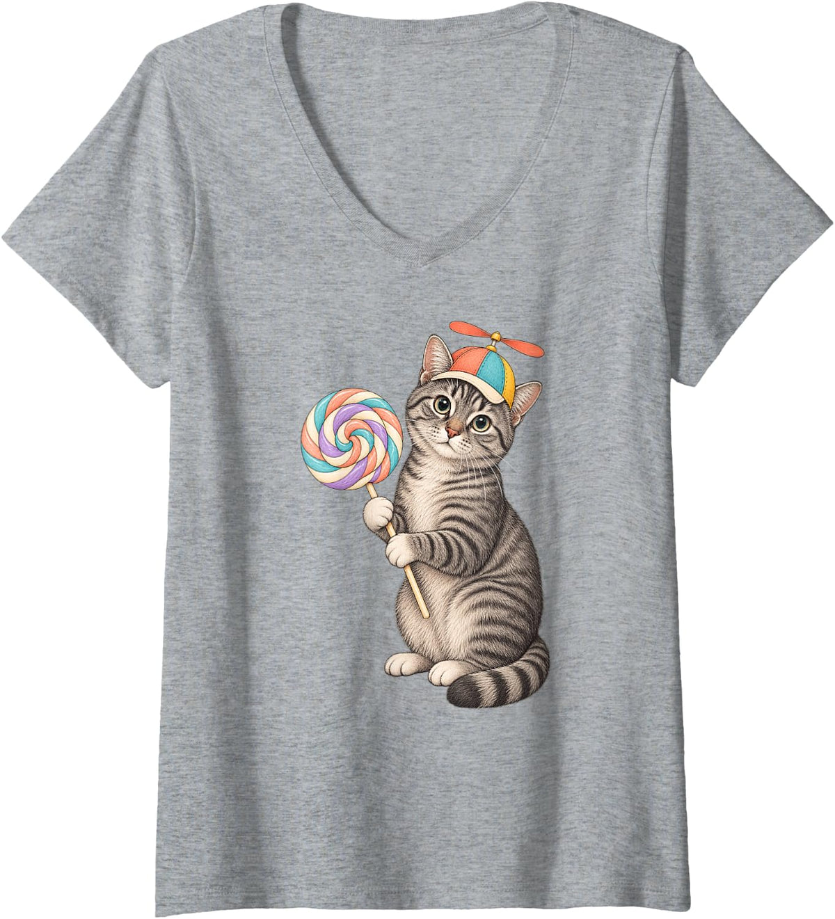 Women's Funny Tabby Cat with Lollipop Propeller Hat for Kids V-Neck T-Shirt - Heather Grey