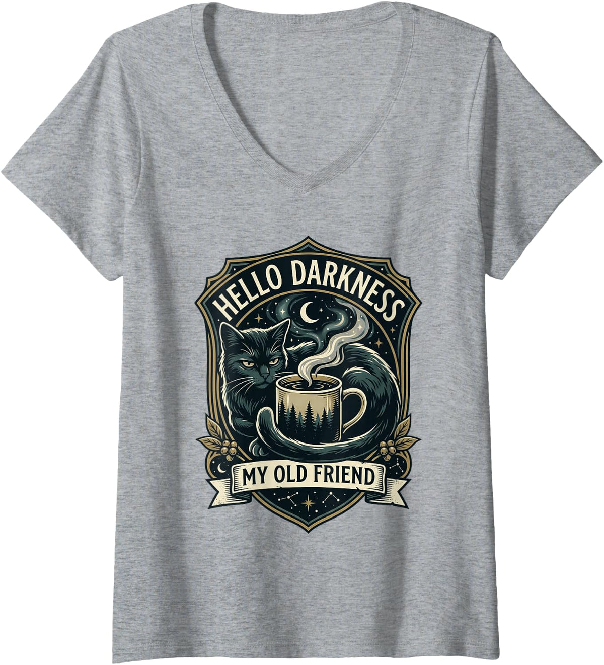 Women's Hello Darkness My Old Friend Vintage Black Cat Coffee Badge V-Neck T-Shirt - Heather Grey
