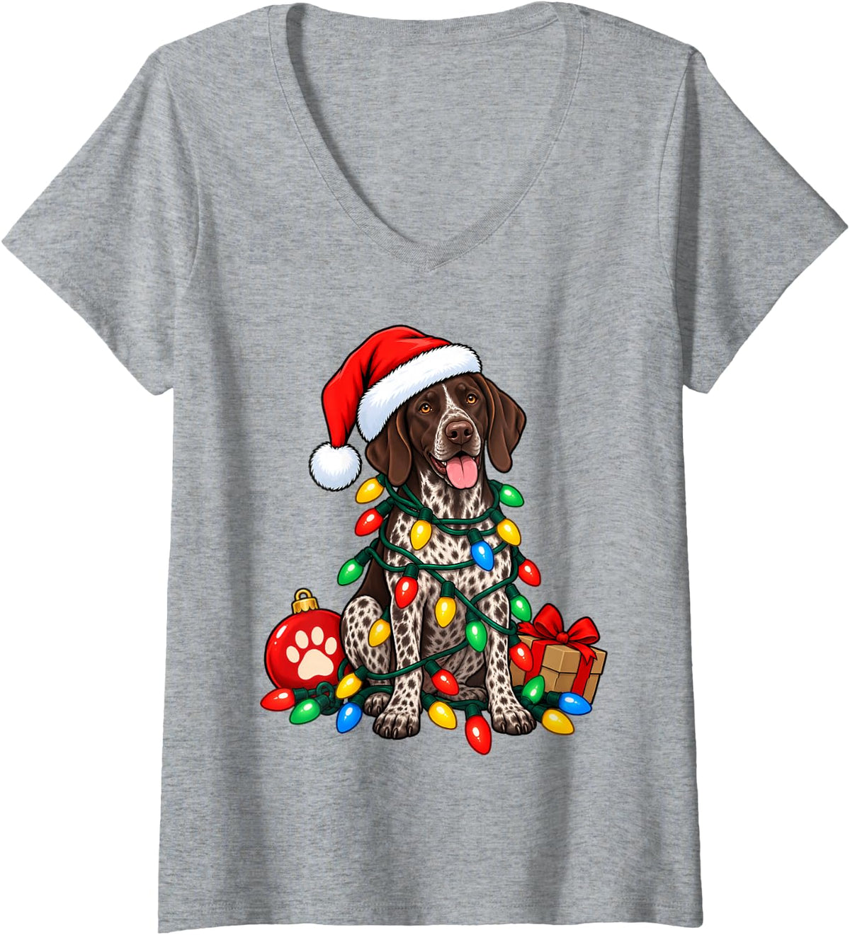 Women's Santa German Shorthaired Pointer Christmas Lights Funny Xmas V-Neck T-Shirt - Heather Grey
