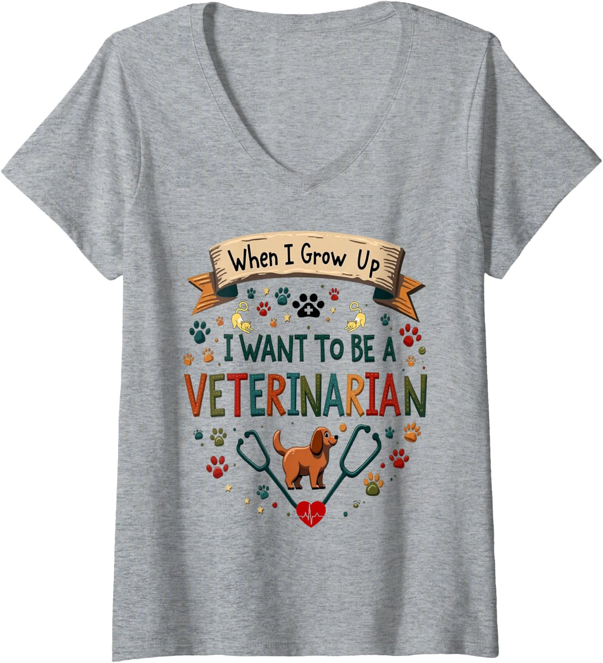 Women's When I Grow Up I Want to Be A Veterinarian Kid's Child Tee V-Neck T-Shirt - Heather Grey