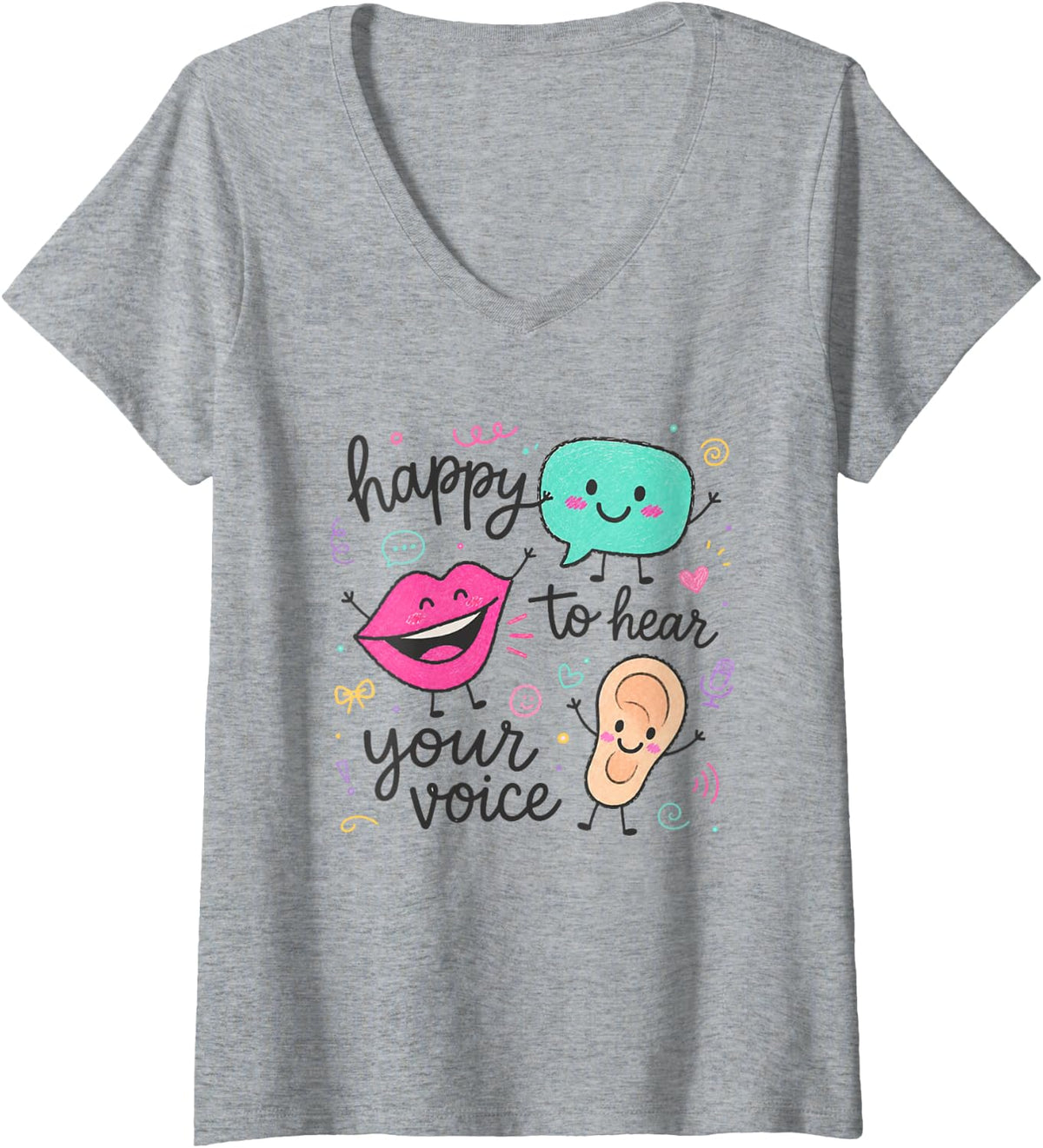 Women's Speech Therapy Happy to Hear Your Voice SLP Back to School V-Neck T-Shirt - Heather Grey