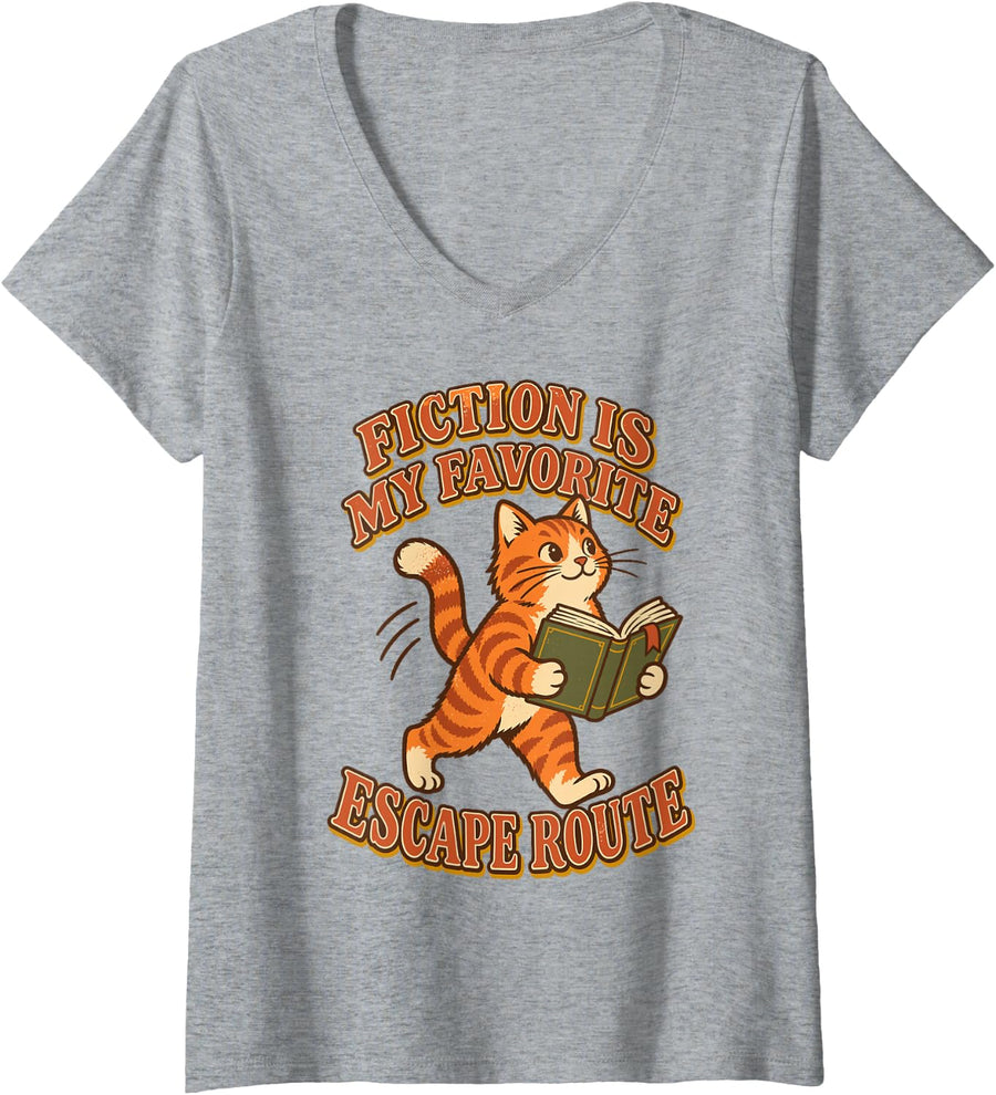 Women's Reading Cat Book Lover Fiction Escape Funny Orange Tabby V-Neck T-Shirt - Heather Grey