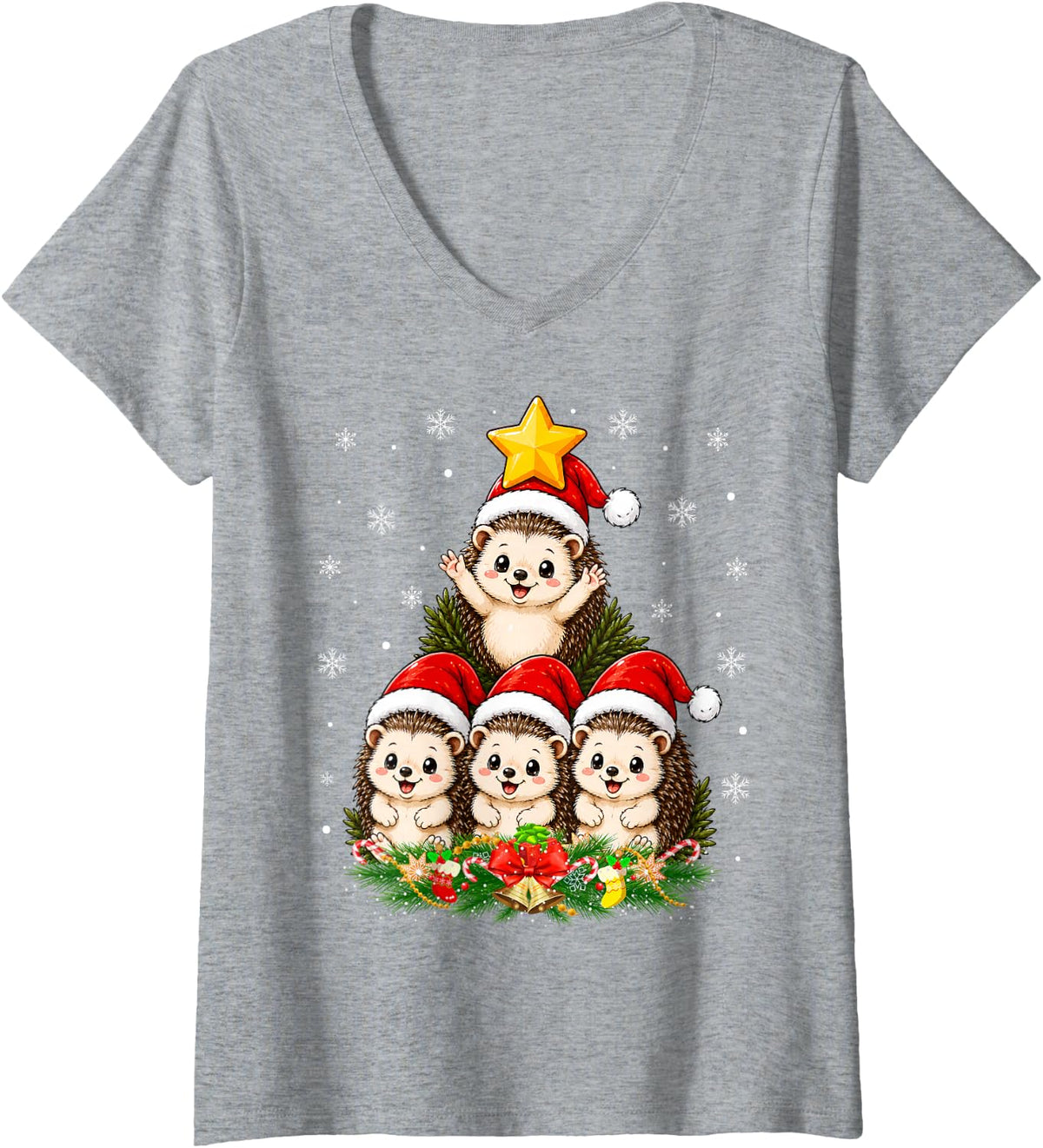 Women's Hedgehog Christmas Tree Cute Animal Festive Hedgehog Xmas V-Neck T-Shirt - Heather Grey