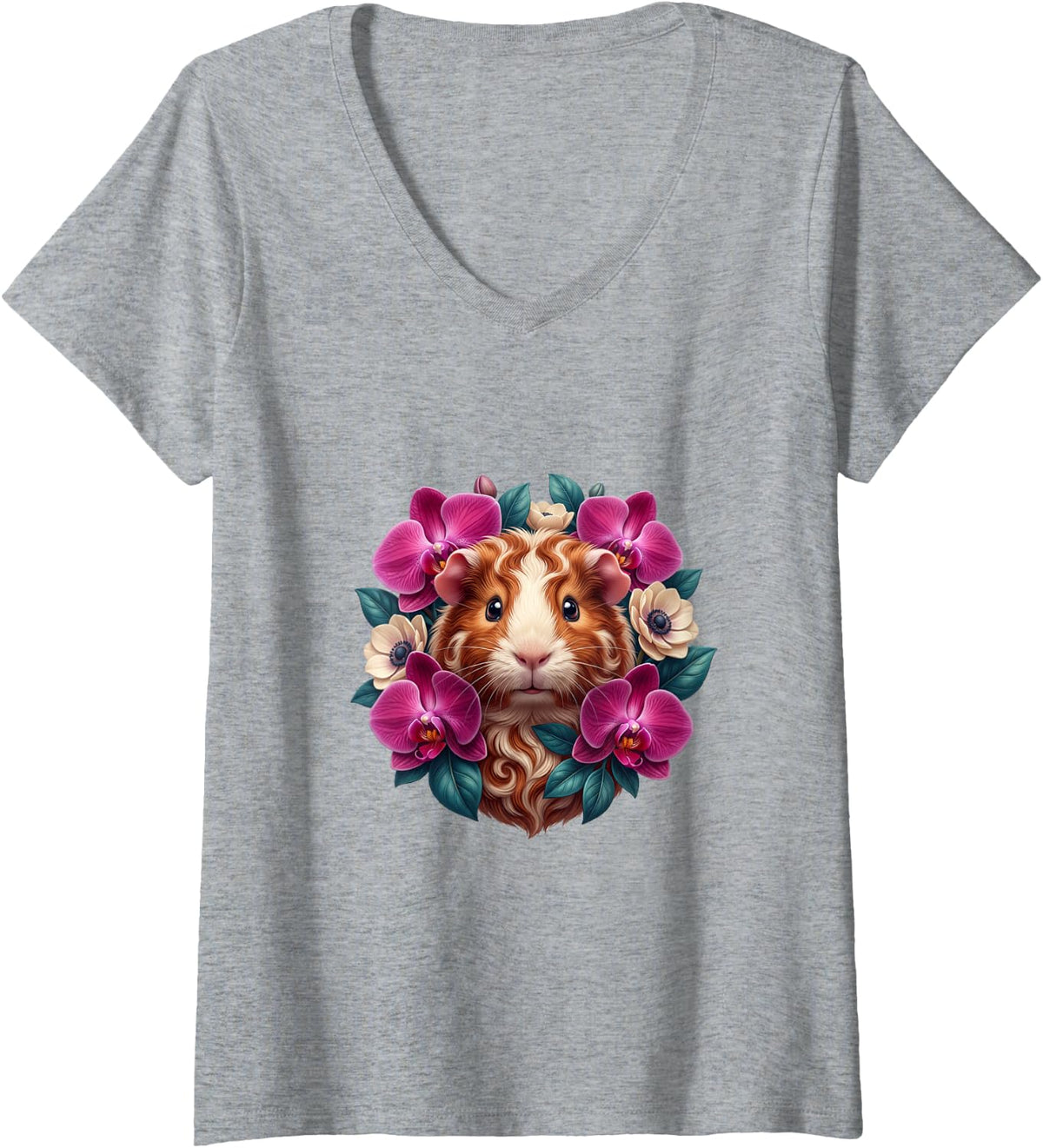 Women's Guinea Pig with Elegant Orchids V-Neck T-Shirt - Heather Grey