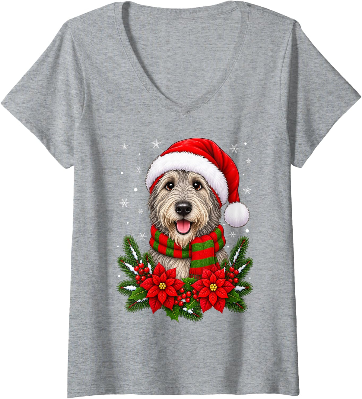 Women's Cute Festive Flowers Santa Hat Irish Wolfhound Dog Christmas V-Neck T-Shirt - Heather Grey