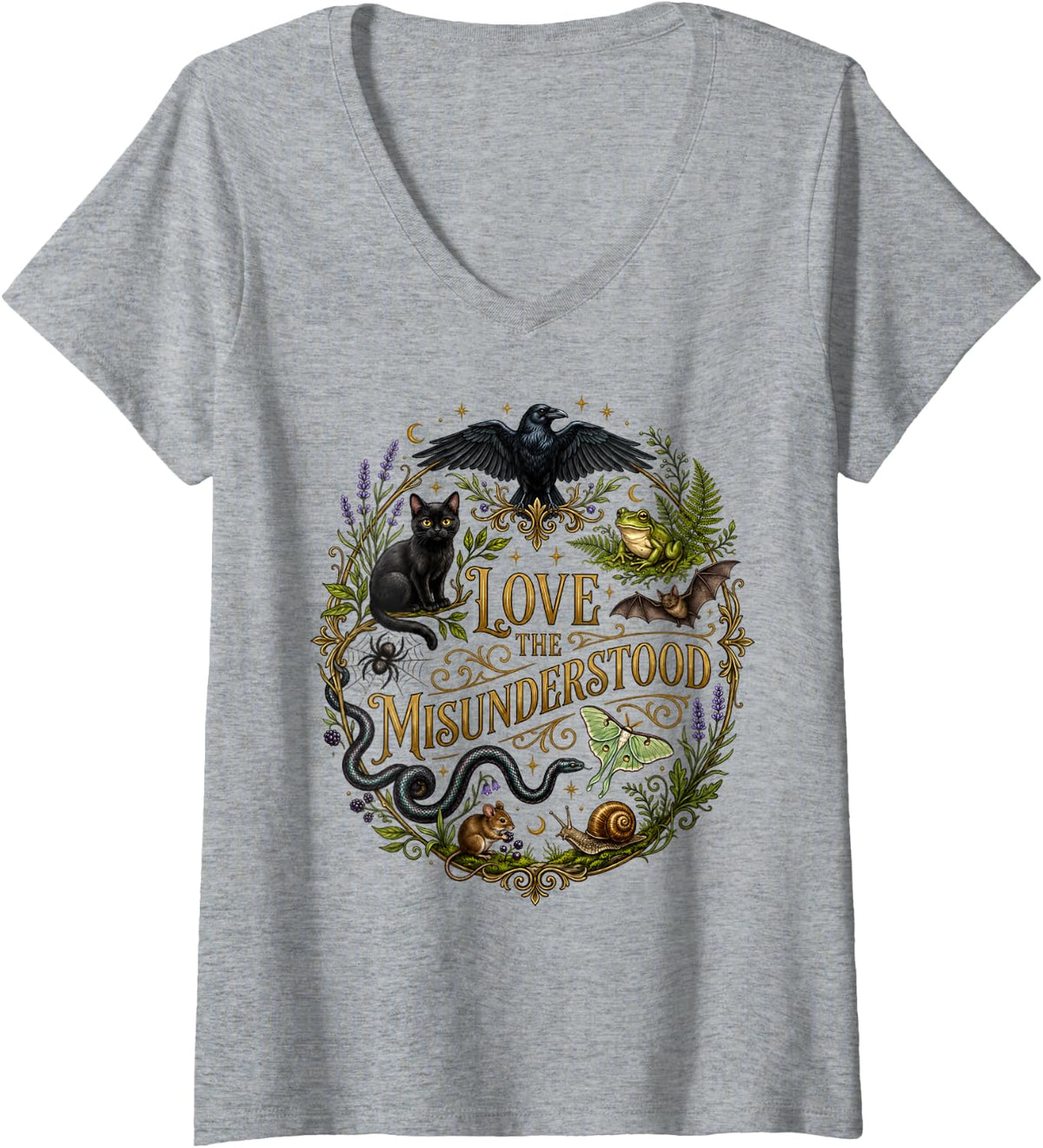 Women's Love The Misunderstood Bat Raven Black Cat Snake Frog Moth V-Neck T-Shirt - Heather Grey