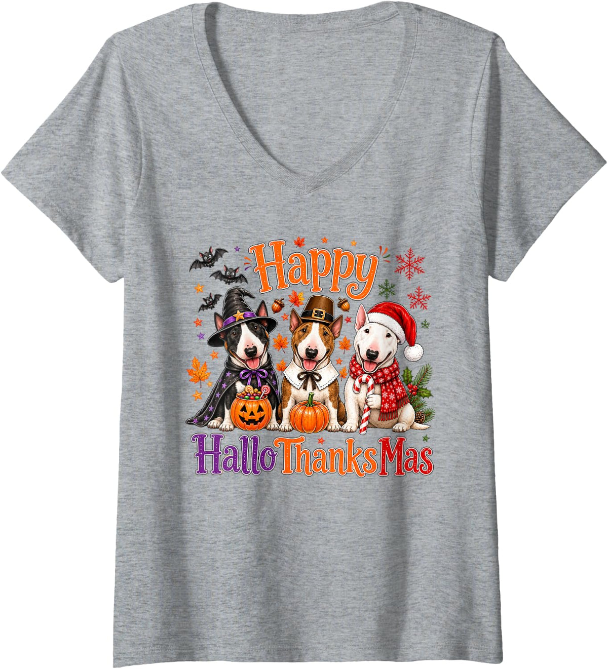 Women's Bull Terrier Happy Hallothanksmas Halloween Thanksgiving V-Neck T-Shirt - Heather Grey