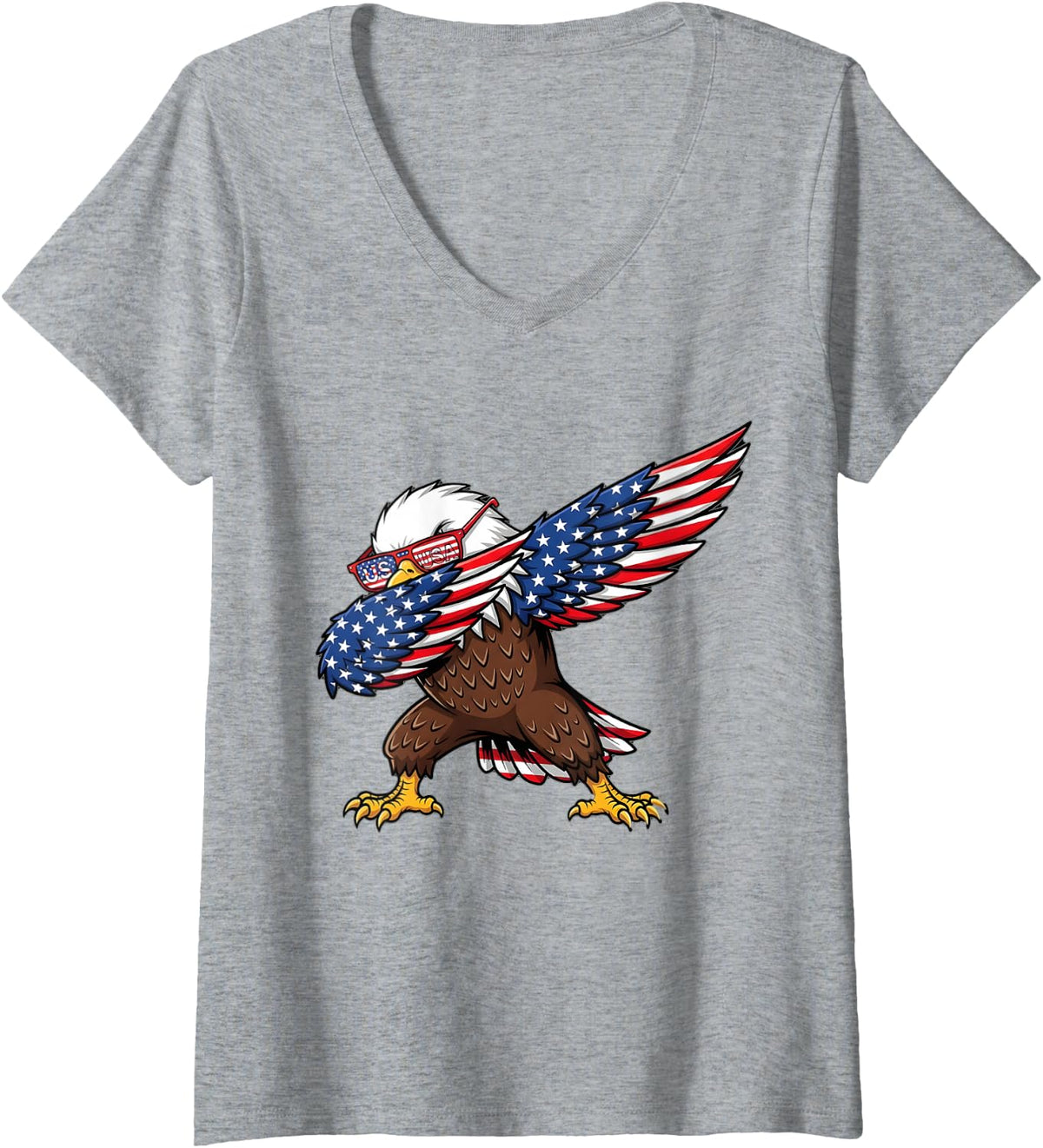 Women's Patriotic Bald Eagle Dab American Flag USA Tee 4th of July V-Neck T-Shirt - Heather Grey