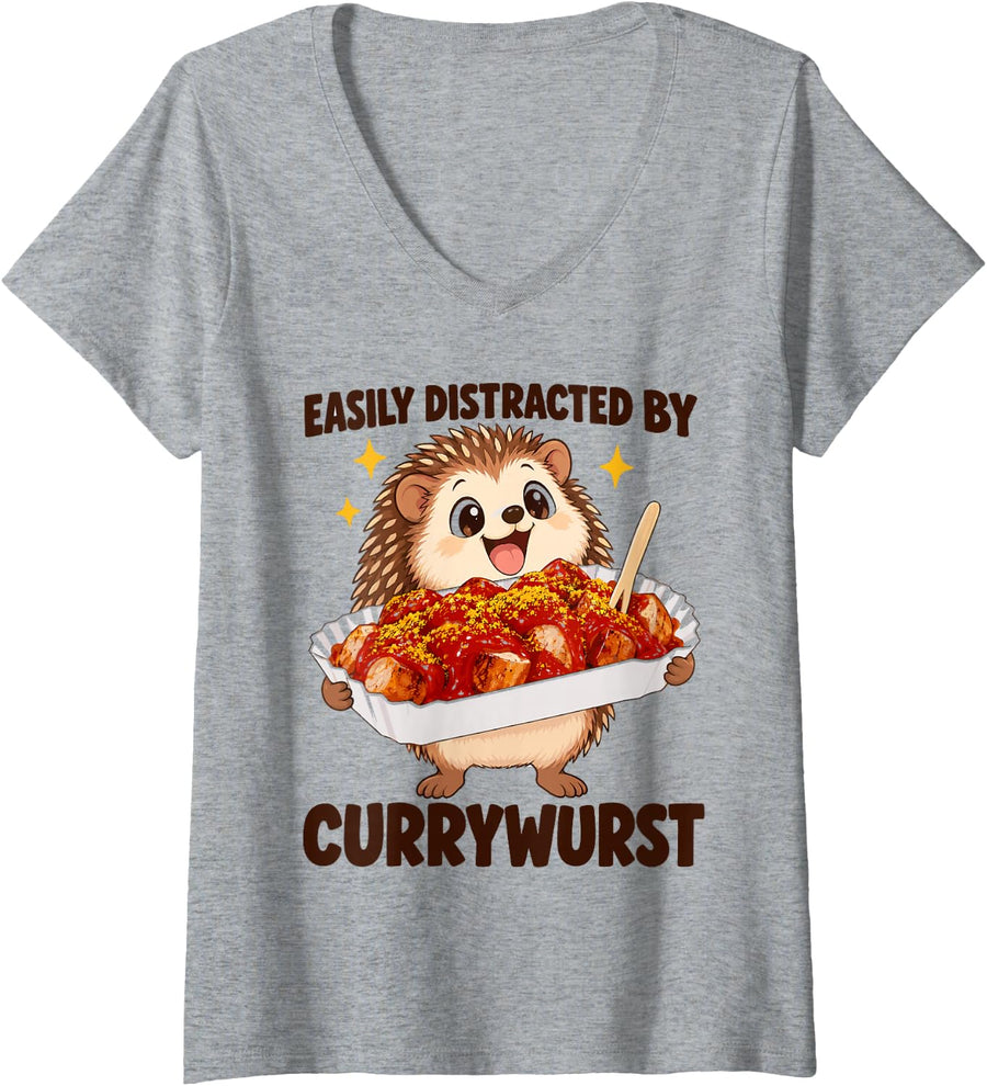 Women's Easily Distracted By Currywurst Hedgehog Germany Funny V-Neck T-Shirt - Heather Grey